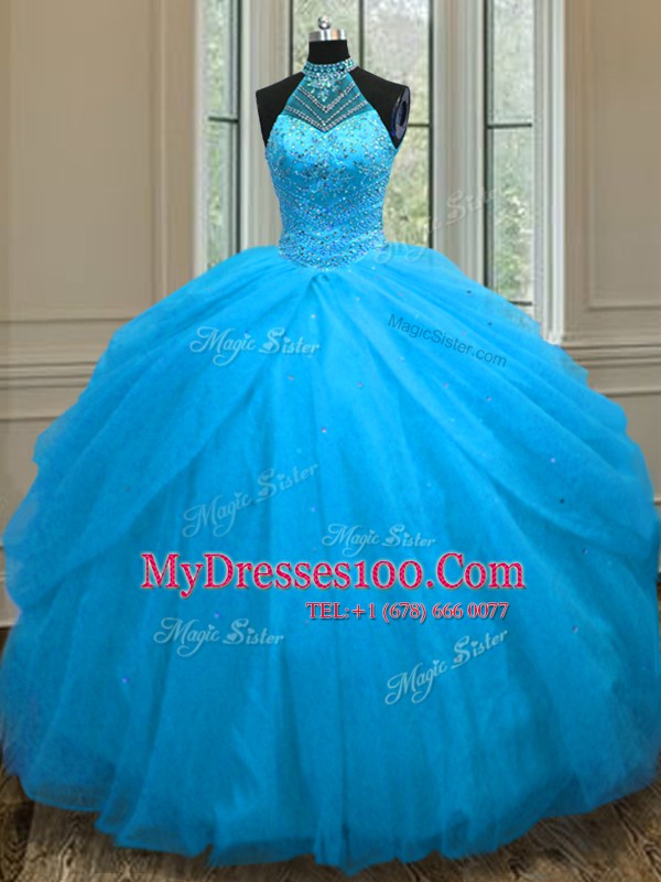 Trendy Floor Length Ball Gowns Sleeveless Baby Blue 15 Quinceanera Dress Lace Up