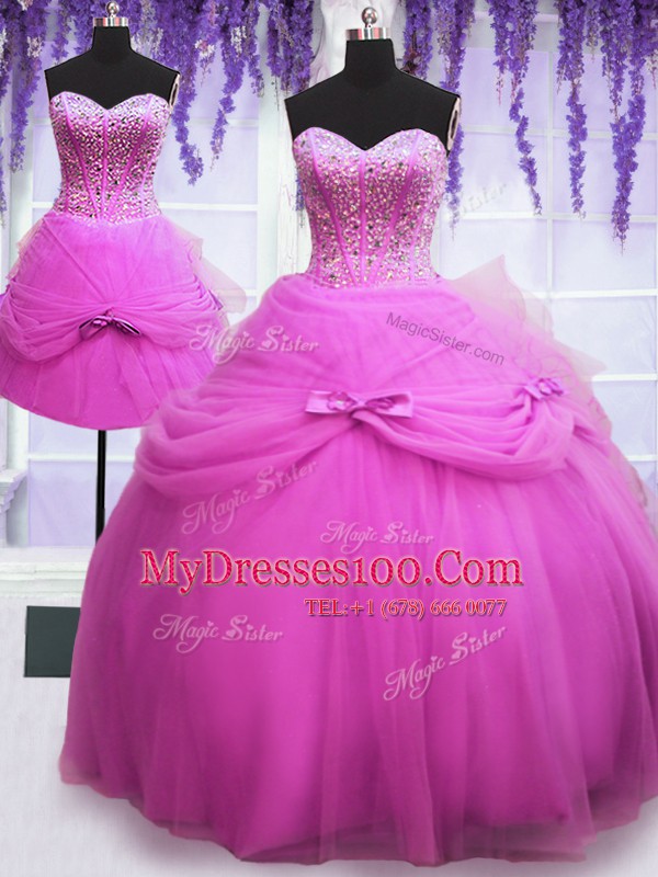 Custom Designed Three Piece Lilac Tulle Lace Up Sweetheart Sleeveless Floor Length Quinceanera Gowns Beading and Bowknot