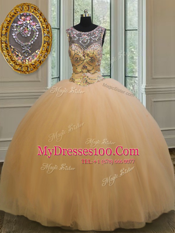 Dramatic Scoop Gold Ball Gowns Beading and Appliques Quinceanera Dress Backless Tulle Sleeveless Floor Length