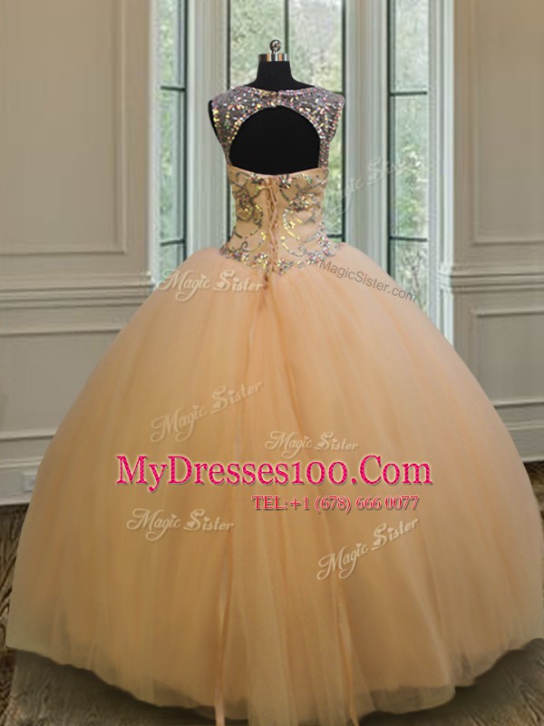 Dramatic Scoop Gold Ball Gowns Beading and Appliques Quinceanera Dress Backless Tulle Sleeveless Floor Length