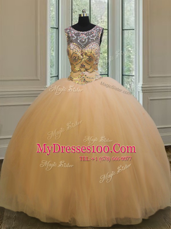 Dramatic Scoop Gold Ball Gowns Beading and Appliques Quinceanera Dress Backless Tulle Sleeveless Floor Length