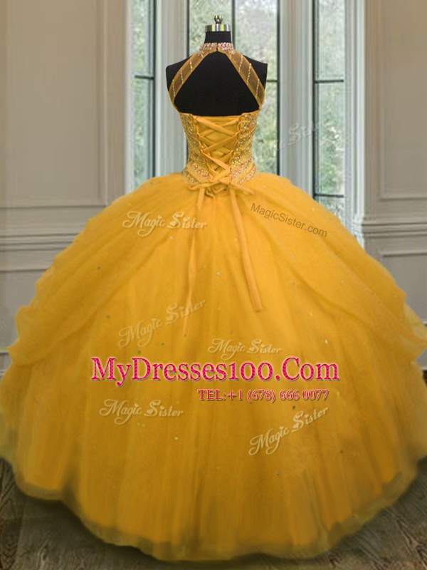 Ball Gowns 15 Quinceanera Dress Gold Halter Top Tulle Sleeveless Floor Length Lace Up