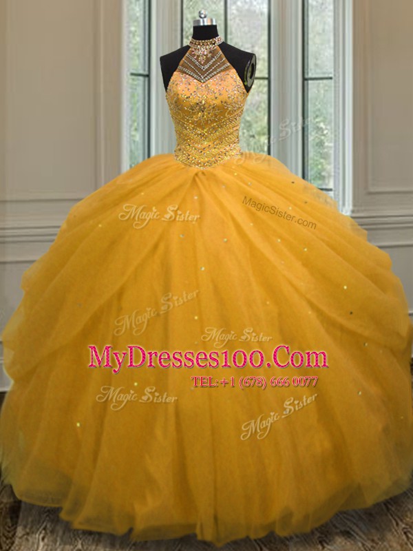 Ball Gowns 15 Quinceanera Dress Gold Halter Top Tulle Sleeveless Floor Length Lace Up