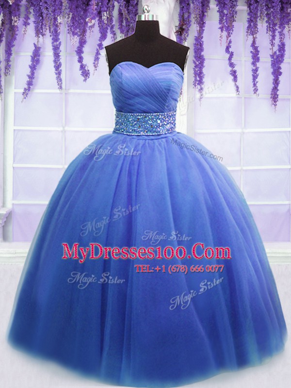 Chic Tulle Sleeveless Floor Length Sweet 16 Dresses and Beading and Belt