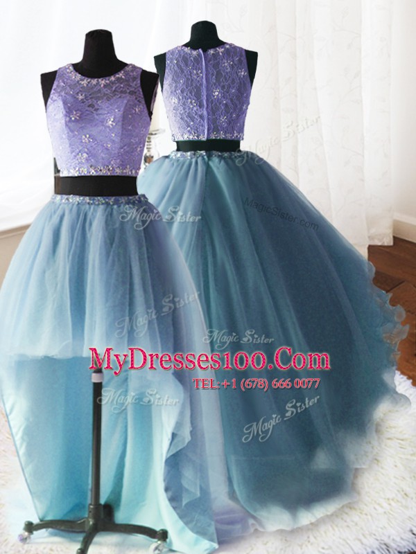 Three Piece Scoop Baby Blue Ball Gowns Beading and Lace and Ruffles Ball Gown Prom Dress Zipper Organza and Tulle and Lace Sleeveless With Train