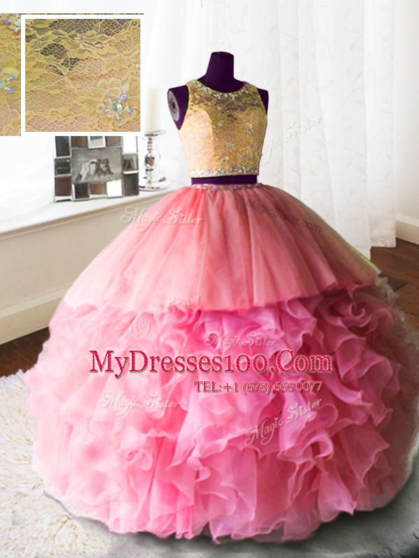 Custom Made Scoop Sleeveless Brush Train Zipper Sweet 16 Quinceanera Dress Rose Pink Organza and Tulle and Lace