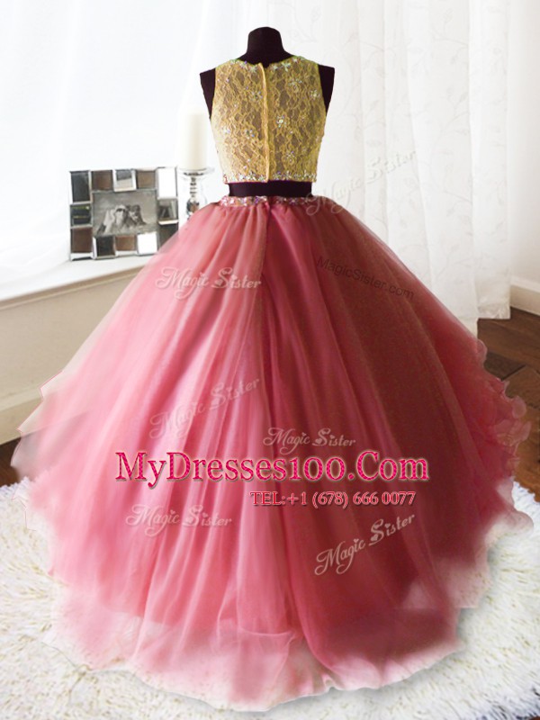 Custom Made Scoop Sleeveless Brush Train Zipper Sweet 16 Quinceanera Dress Rose Pink Organza and Tulle and Lace