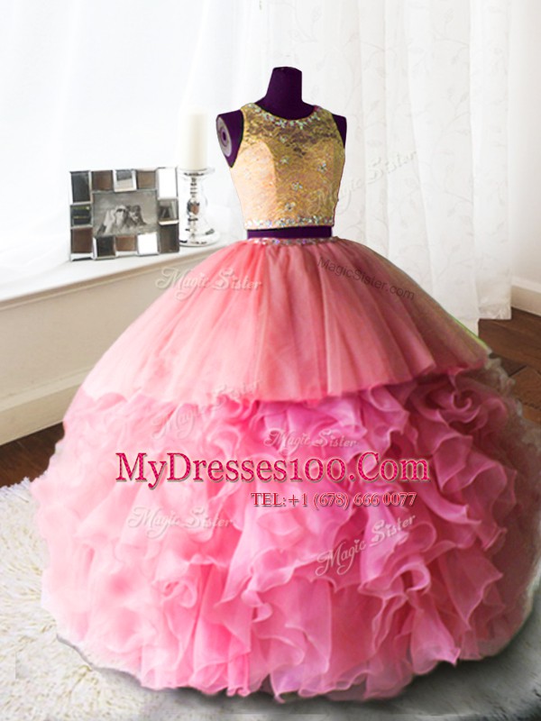 Custom Made Scoop Sleeveless Brush Train Zipper Sweet 16 Quinceanera Dress Rose Pink Organza and Tulle and Lace