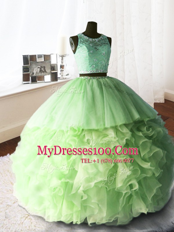 Hot Sale Scoop Zipper Beading and Lace and Ruffles 15 Quinceanera Dress Brush Train Sleeveless