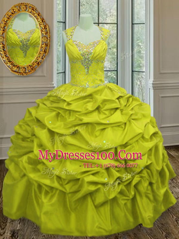 Taffeta Straps Sleeveless Lace Up Beading and Pick Ups Quinceanera Gown in Yellow Green