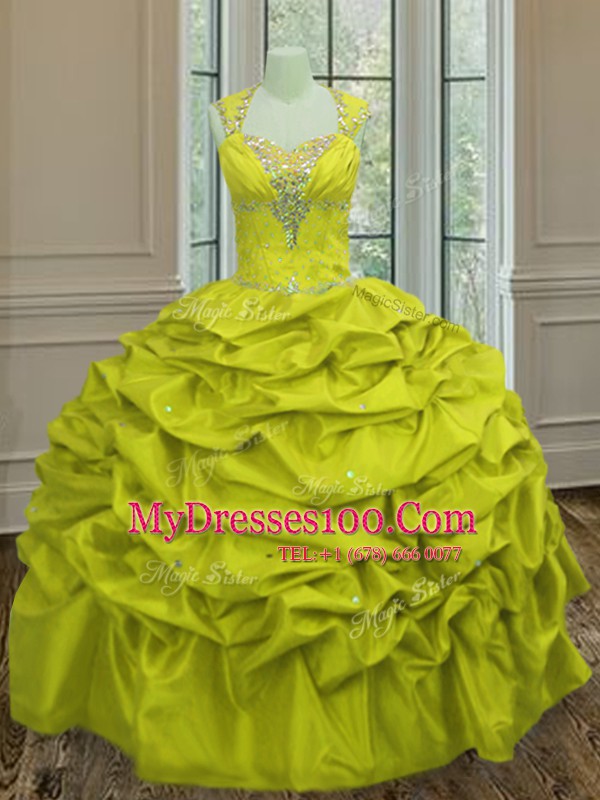Taffeta Straps Sleeveless Lace Up Beading and Pick Ups Quinceanera Gown in Yellow Green