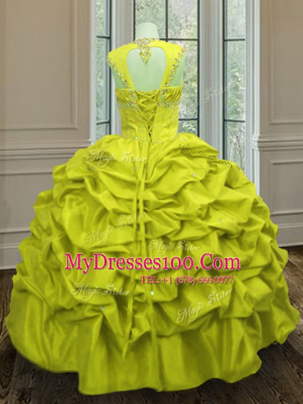 Taffeta Straps Sleeveless Lace Up Beading and Pick Ups Quinceanera Gown in Yellow Green