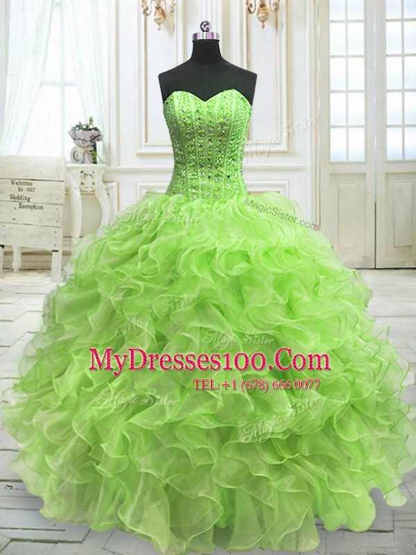 Shining Floor Length Ball Gowns Sleeveless Yellow Green Quinceanera Gowns Lace Up