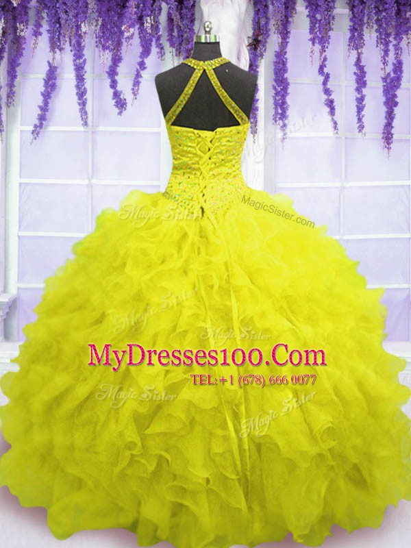 Floor Length Yellow Ball Gown Prom Dress Organza Sleeveless Beading and Ruffles