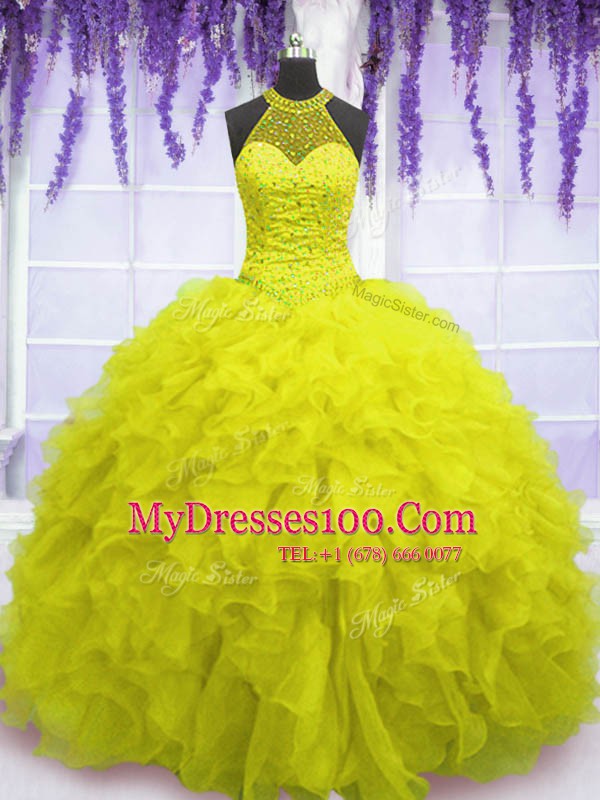 Floor Length Yellow Ball Gown Prom Dress Organza Sleeveless Beading and Ruffles