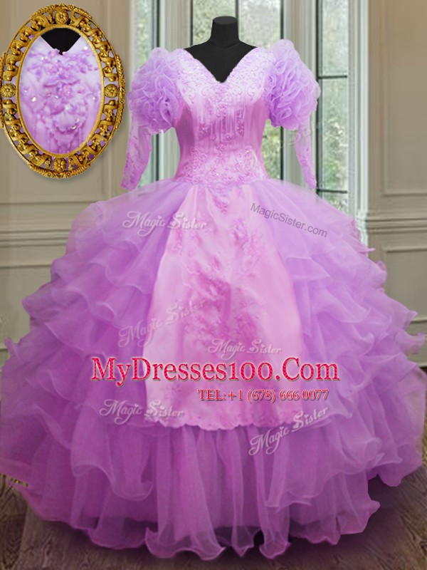 Edgy V-neck Long Sleeves Organza Sweet 16 Quinceanera Dress Ruffled Layers Zipper
