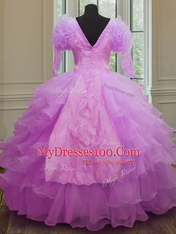 Edgy V-neck Long Sleeves Organza Sweet 16 Quinceanera Dress Ruffled Layers Zipper