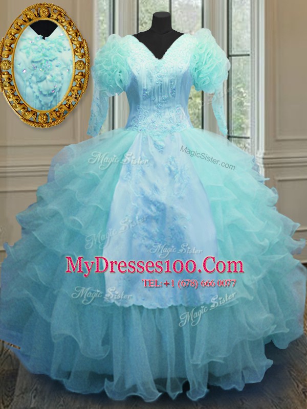 Blue Zipper V-neck Embroidery and Ruffled Layers Sweet 16 Quinceanera Dress Organza Long Sleeves