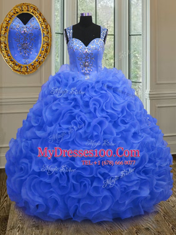 New Arrival Straps Royal Blue Ball Gowns Beading and Ruffles Quinceanera Gowns Zipper Organza Sleeveless Floor Length