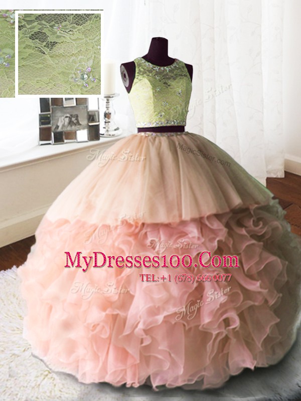 Scoop Sleeveless Vestidos de Quinceanera With Brush Train Beading and Lace and Ruffles Baby Pink Organza and Tulle and Lace