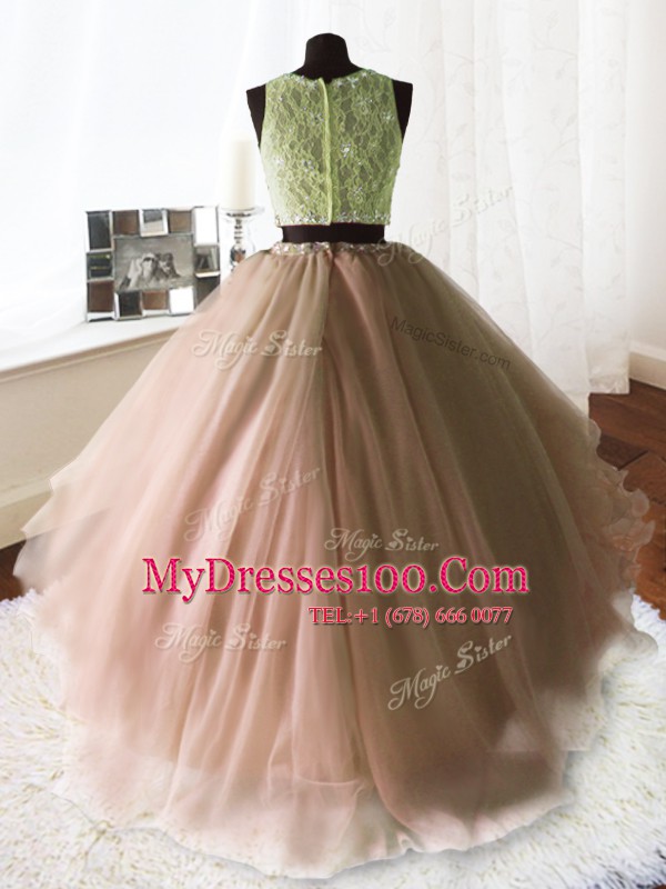 Scoop Sleeveless Vestidos de Quinceanera With Brush Train Beading and Lace and Ruffles Baby Pink Organza and Tulle and Lace