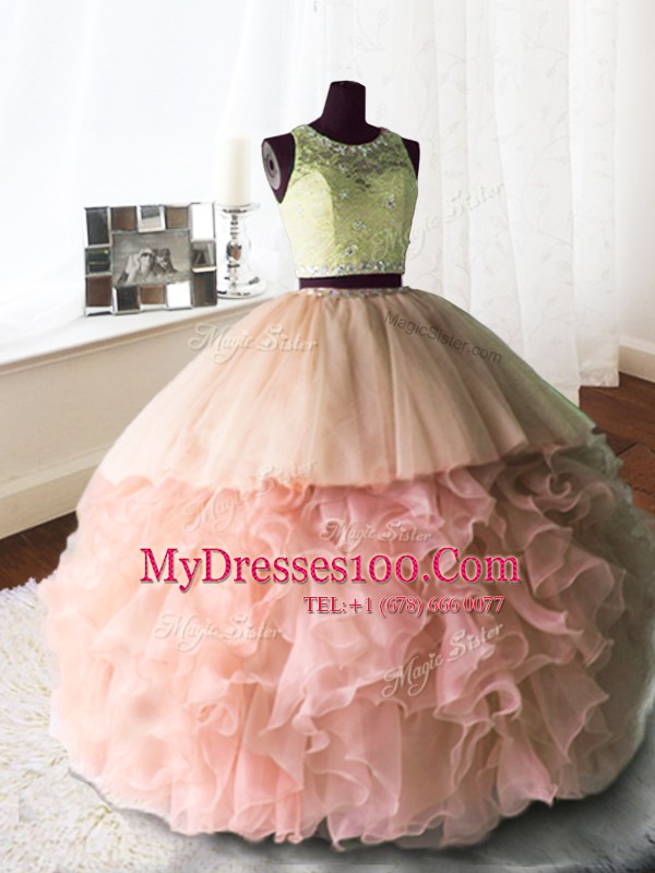 Scoop Sleeveless Vestidos de Quinceanera With Brush Train Beading and Lace and Ruffles Baby Pink Organza and Tulle and Lace