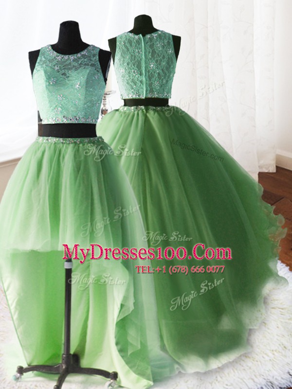 Flirting Three Piece Lace With Train Yellow Green 15 Quinceanera Dress Scoop Sleeveless Brush Train Zipper