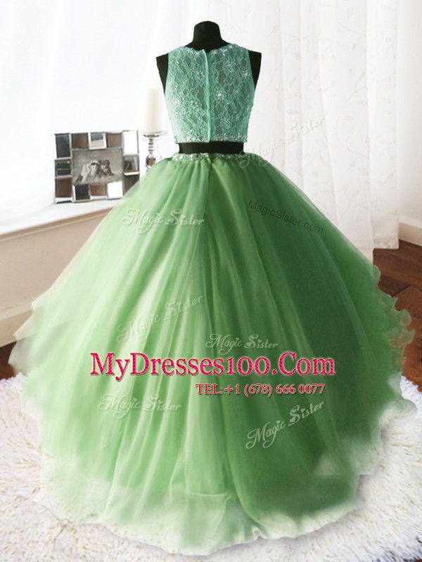 Flirting Three Piece Lace With Train Yellow Green 15 Quinceanera Dress Scoop Sleeveless Brush Train Zipper