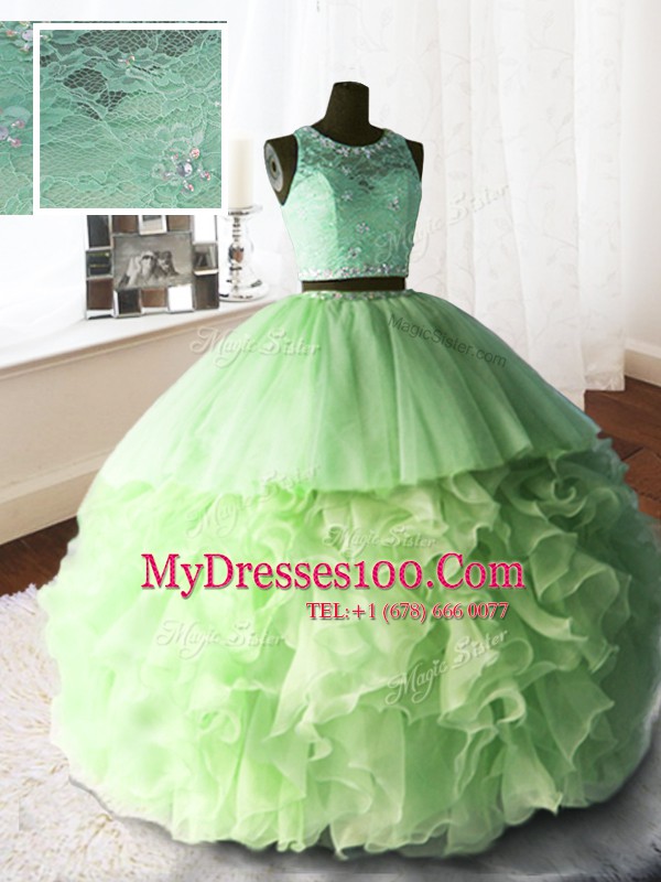 Flirting Three Piece Lace With Train Yellow Green 15 Quinceanera Dress Scoop Sleeveless Brush Train Zipper