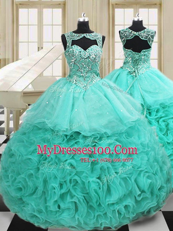 Spectacular Scoop Sleeveless Organza Sweet 16 Dress Beading and Ruffles Court Train Lace Up