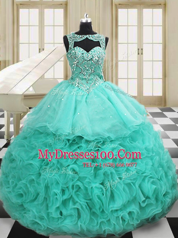 Spectacular Scoop Sleeveless Organza Sweet 16 Dress Beading and Ruffles Court Train Lace Up
