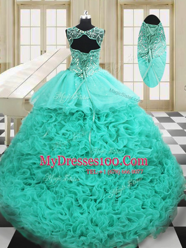 Spectacular Scoop Sleeveless Organza Sweet 16 Dress Beading and Ruffles Court Train Lace Up