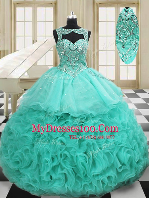 Spectacular Scoop Sleeveless Organza Sweet 16 Dress Beading and Ruffles Court Train Lace Up