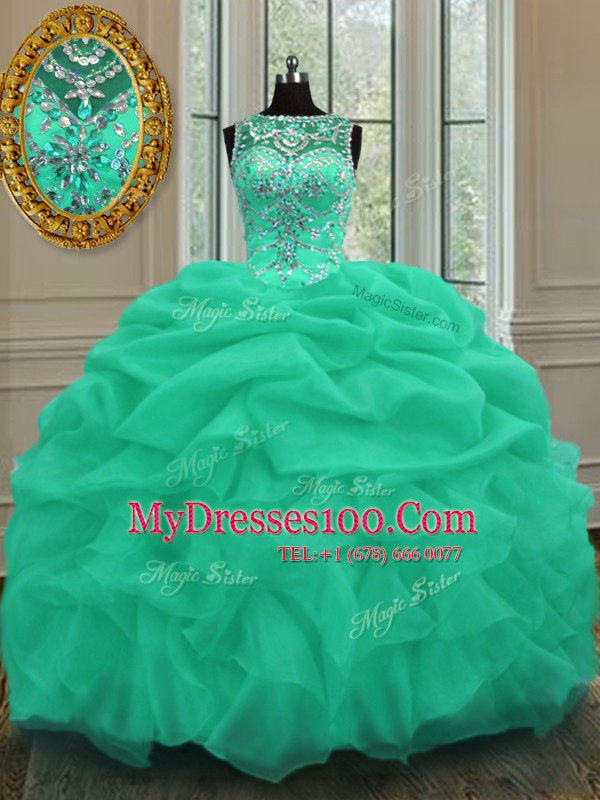 Traditional Scoop Floor Length Lace Up Quinceanera Gown Apple Green for Military Ball and Sweet 16 and Quinceanera with Beading and Pick Ups