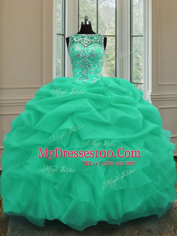 Traditional Scoop Floor Length Lace Up Quinceanera Gown Apple Green for Military Ball and Sweet 16 and Quinceanera with Beading and Pick Ups