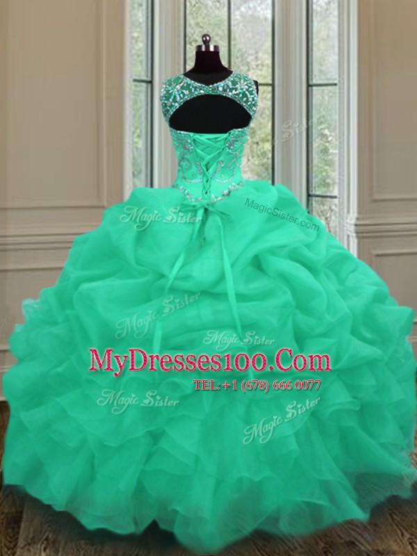 Traditional Scoop Floor Length Lace Up Quinceanera Gown Apple Green for Military Ball and Sweet 16 and Quinceanera with Beading and Pick Ups