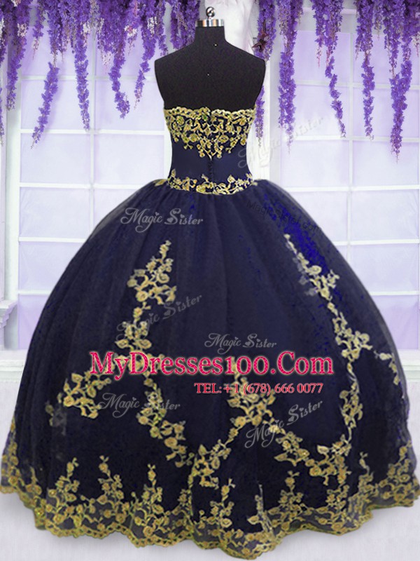 Sleeveless Floor Length Appliques Zipper 15 Quinceanera Dress with Navy Blue