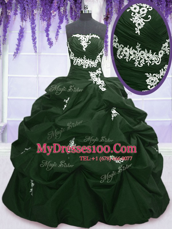 Pick Ups Floor Length Dark Green and Peacock Green Sweet 16 Dresses Strapless Sleeveless Lace Up