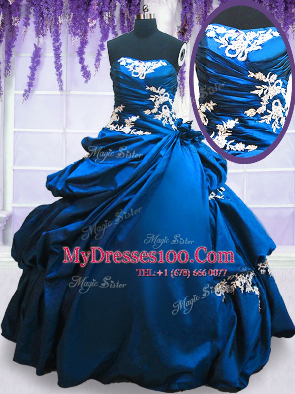 Royal Blue Taffeta Lace Up Strapless Sleeveless Floor Length Vestidos de Quinceanera Appliques and Pick Ups