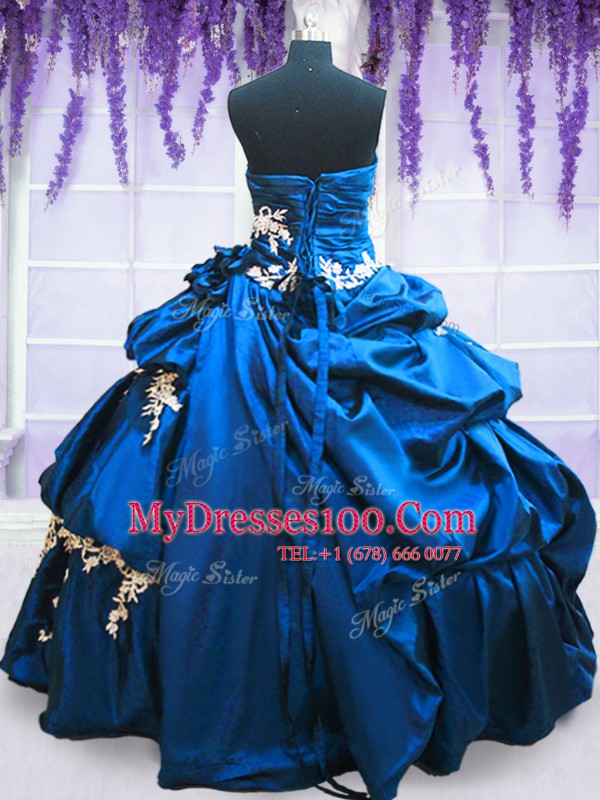 Royal Blue Taffeta Lace Up Strapless Sleeveless Floor Length Vestidos de Quinceanera Appliques and Pick Ups
