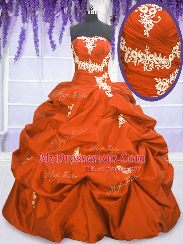 Captivating Taffeta Strapless Sleeveless Lace Up Appliques and Pick Ups Quinceanera Gown in Orange Red