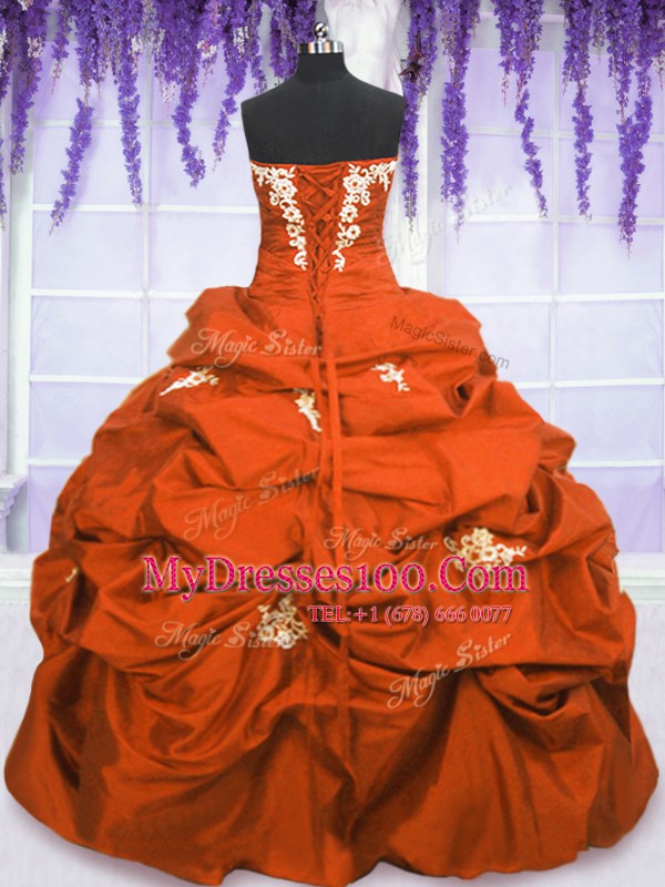 Captivating Taffeta Strapless Sleeveless Lace Up Appliques and Pick Ups Quinceanera Gown in Orange Red
