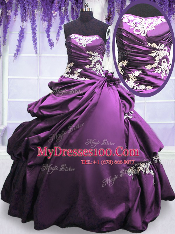 Gorgeous Sleeveless Taffeta Floor Length Lace Up Quinceanera Dresses in Purple with Appliques and Pick Ups