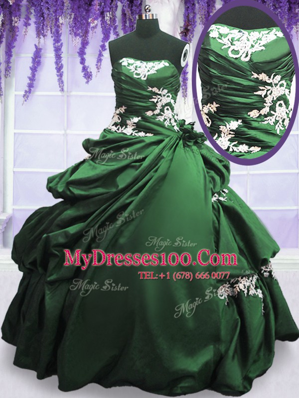 Exquisite Dark Green Ball Gowns Appliques and Pick Ups Quince Ball Gowns Lace Up Taffeta Sleeveless Floor Length