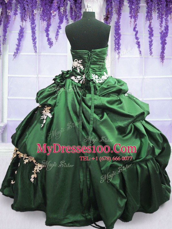Exquisite Dark Green Ball Gowns Appliques and Pick Ups Quince Ball Gowns Lace Up Taffeta Sleeveless Floor Length