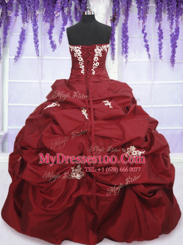 Wine Red Ball Gowns Strapless Sleeveless Taffeta Floor Length Lace Up Appliques and Pick Ups Ball Gown Prom Dress