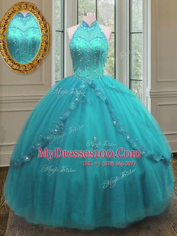 Aqua Blue Sweet 16 Dresses Military Ball and Sweet 16 and Quinceanera and For with Beading and Appliques High-neck Sleeveless Lace Up