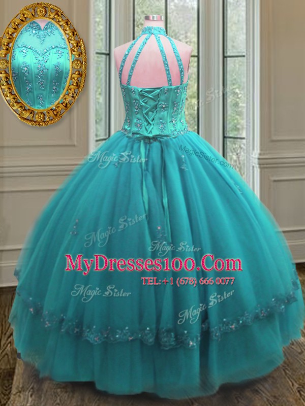 Aqua Blue Sweet 16 Dresses Military Ball and Sweet 16 and Quinceanera and For with Beading and Appliques High-neck Sleeveless Lace Up