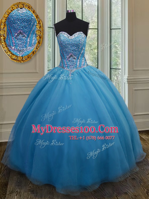 Sleeveless Floor Length Beading and Belt Lace Up Quinceanera Dress with Baby Blue