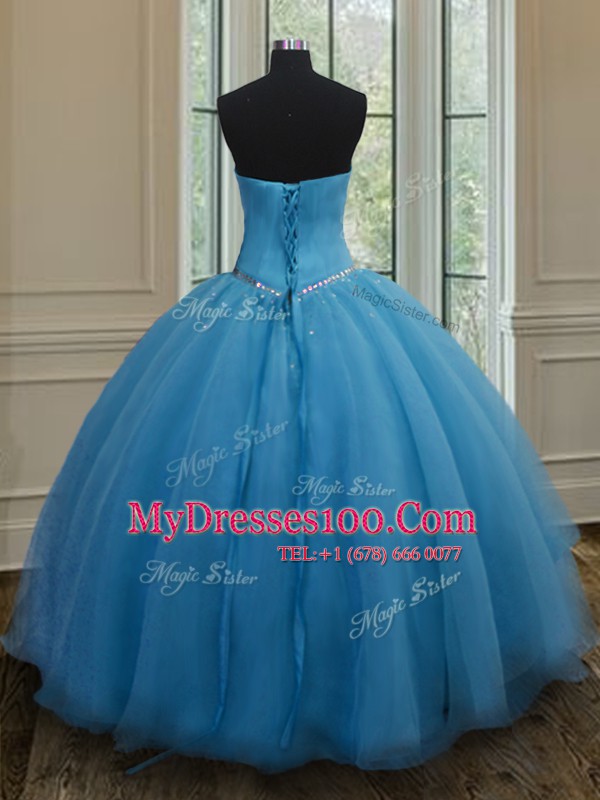 Sleeveless Floor Length Beading and Belt Lace Up Quinceanera Dress with Baby Blue